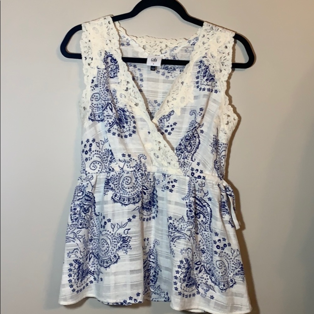 CAbi sleeveless top, lace trim size S blue ivory
